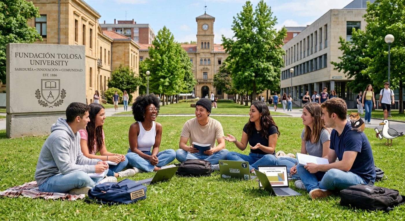 Estudiantes de Tolosa University conversando sobre el césped del campus